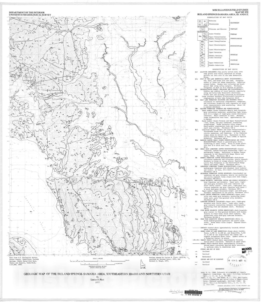 Map : Geologic map of the Ireland Springs-Samaria area, southeastern Idaho and northern Utah, 1977 Cartography Wall Art :