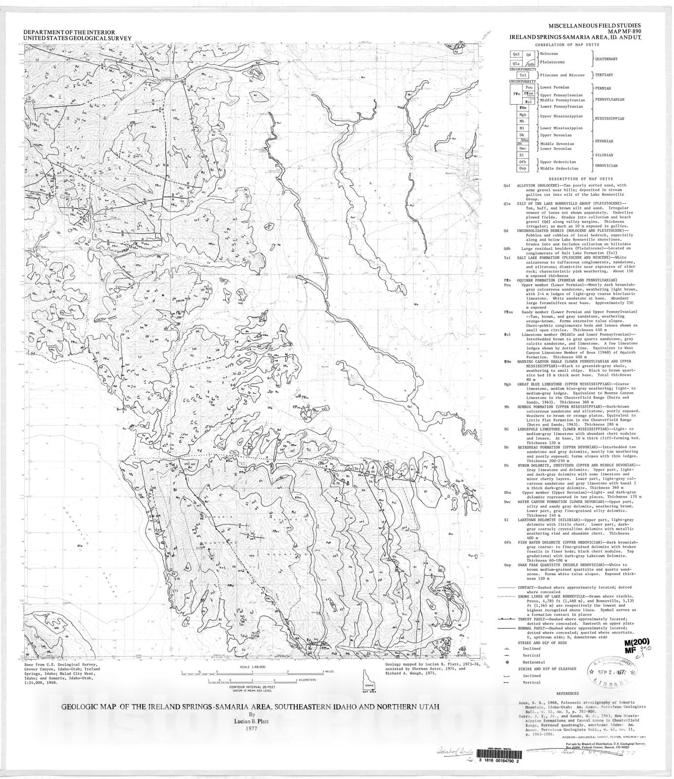 Map : Geologic map of the Ireland Springs-Samaria area, southeastern Idaho and northern Utah, 1977 Cartography Wall Art :