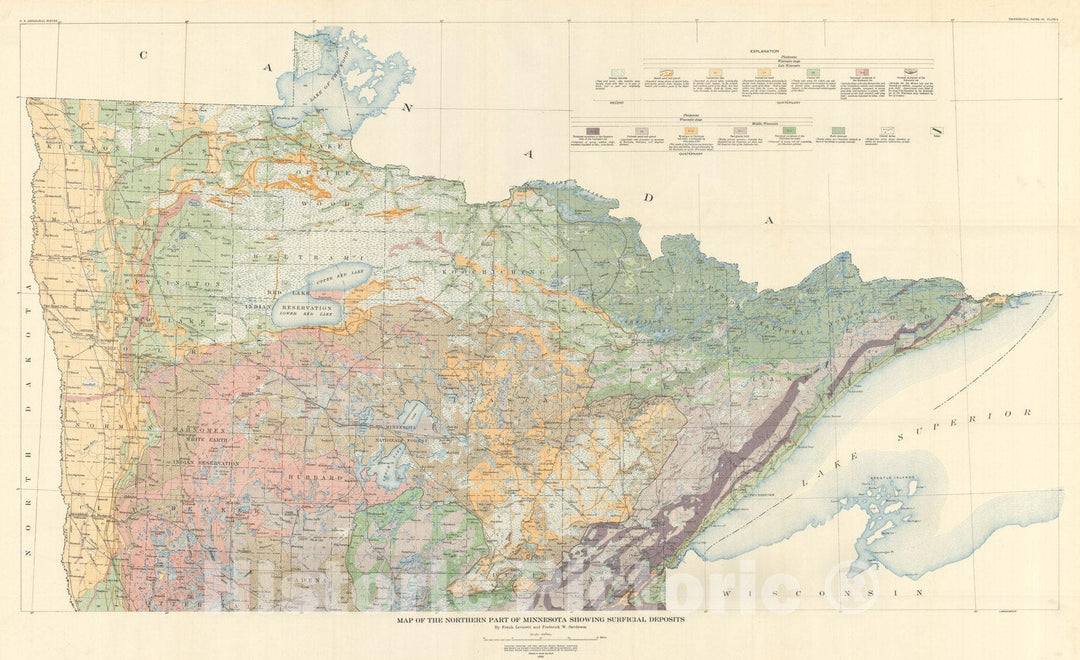 Map : Quaternary geology of Minnesota and parts of adjacent states, 1932 Cartography Wall Art :