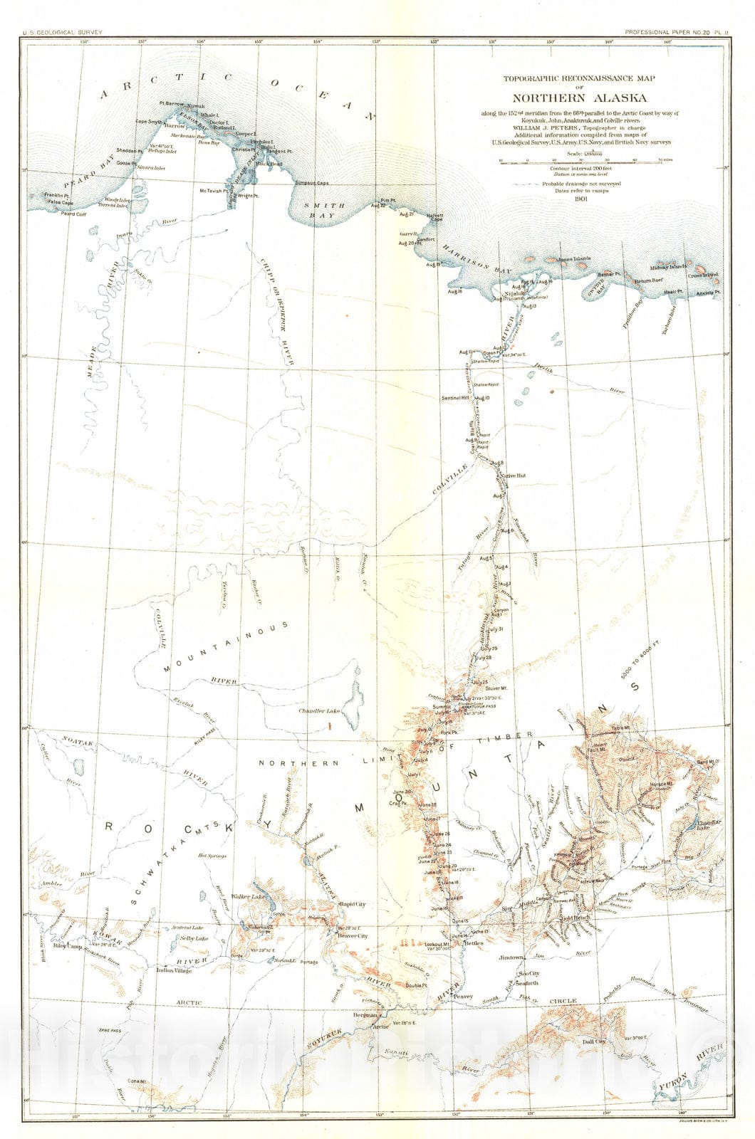 Map : A reconnaissance in northern Alaska across the Rocky Mountains, along Koyukuk, John, Anaktuvuk, and Colville Rivers, Arctic Coast, 1904 Cartography Wall Art :