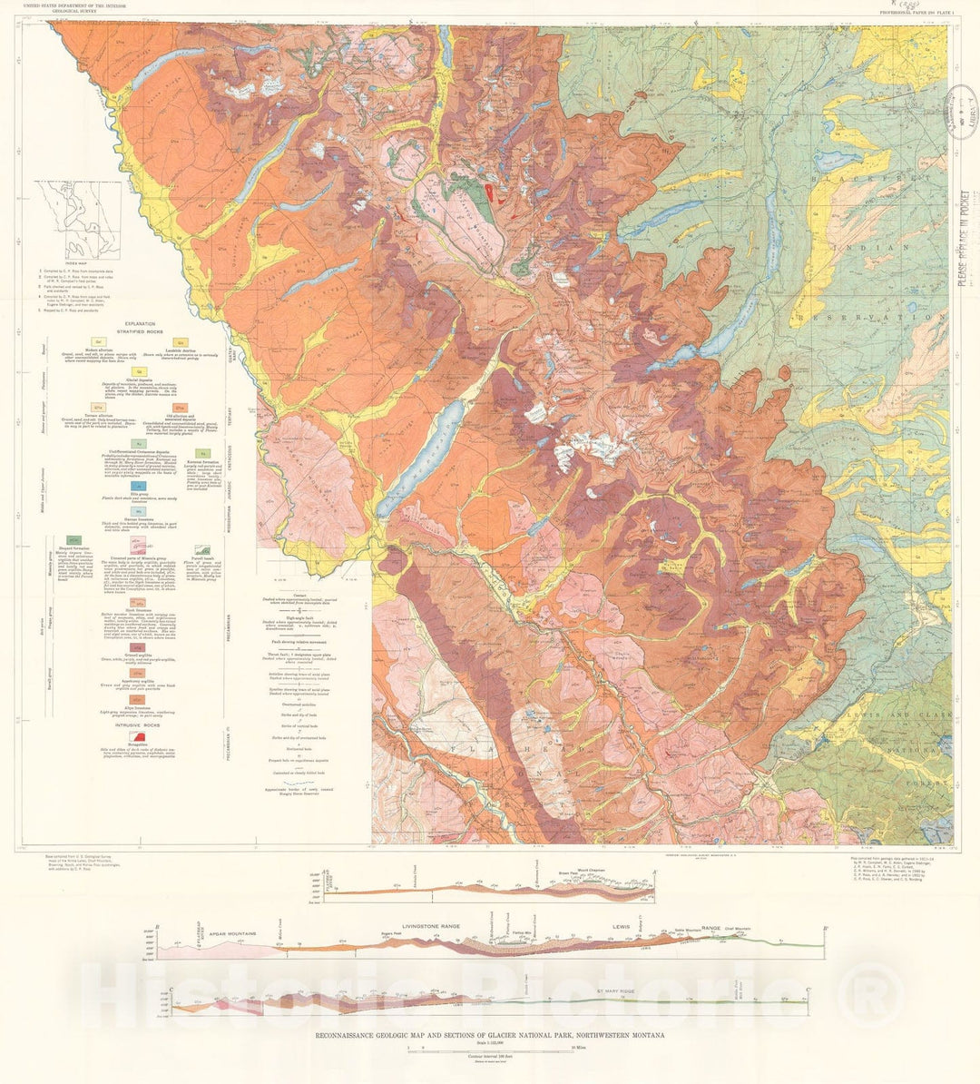 Map : Geology of Glacier National Park and the Flathead region, northwestern Montana, 1959 Cartography Wall Art :