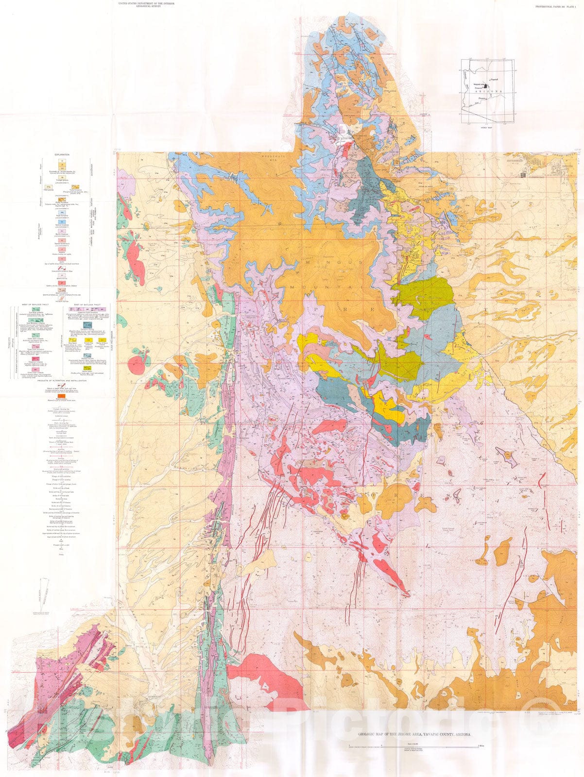 Map : Geology and ore deposits of the Jerome area, Yavapai County, Arizona, 1958 Cartography Wall Art :