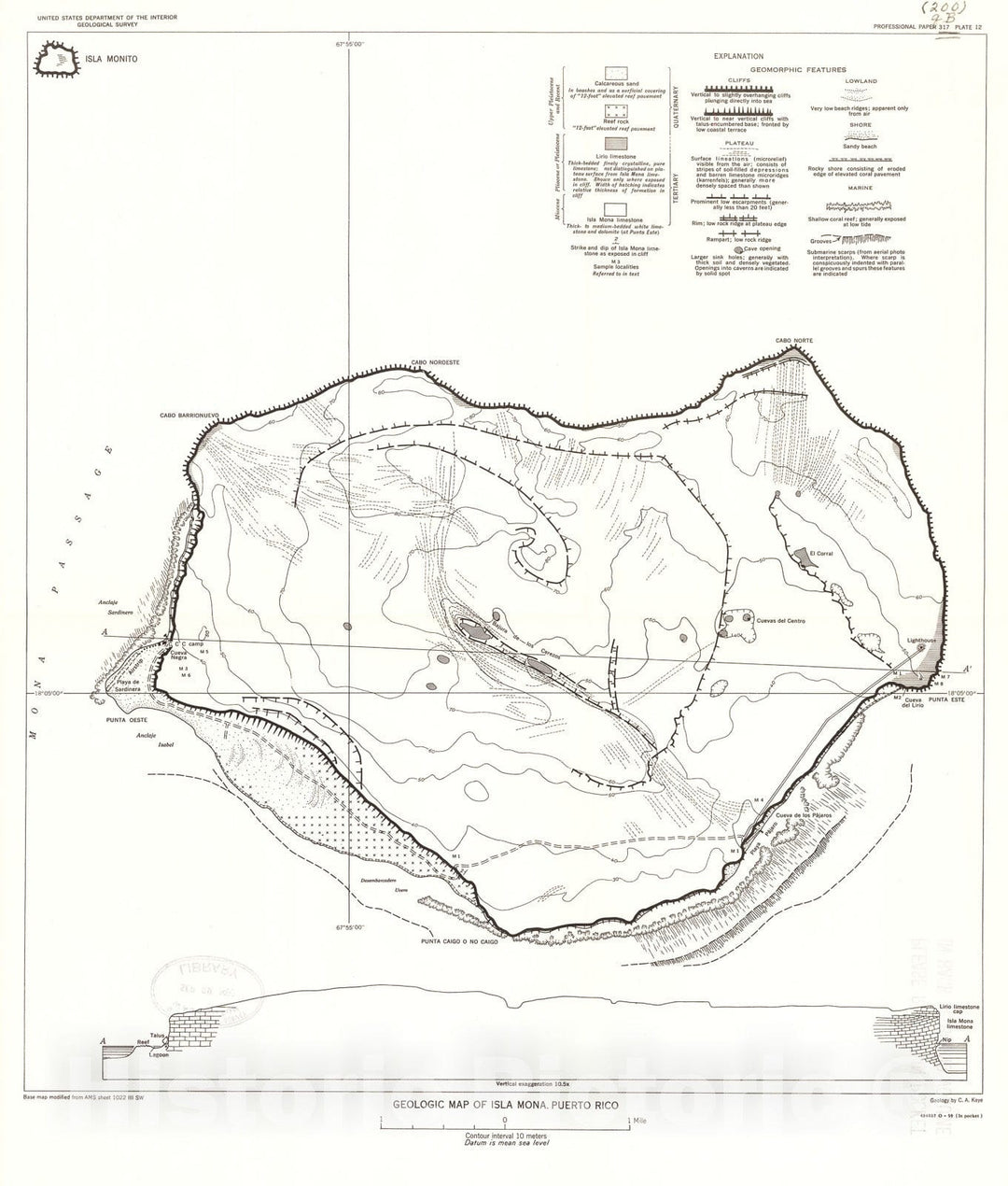 Map : Geology of Isla Mona, Puerto Rico, and notes on age of Mona Passage with a section on the petrography of the phosphorites, 1959 Cartography Wall Art :