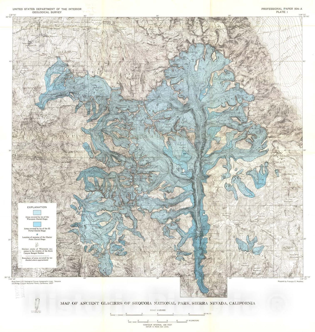 Map : Glacial reconnaissance of Sequoia National Park, California, 1965 Cartography Wall Art :