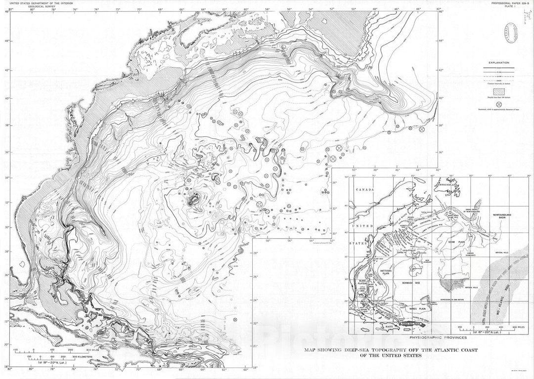 Map : Atlantic continental shelf and slope of the United States - physiography and sediments of the deep-sea basin, 1968 Cartography Wall Art :