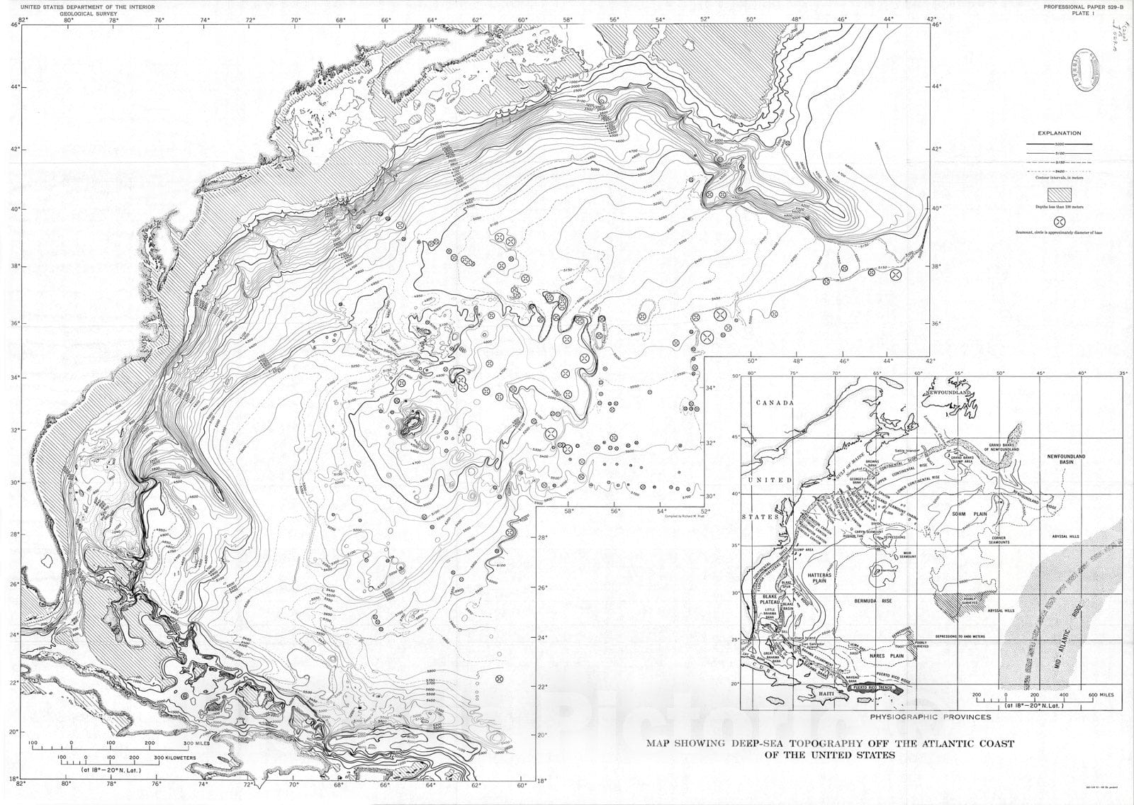 Map : Atlantic continental shelf and slope of the United States - physiography and sediments of the deep-sea basin, 1968 Cartography Wall Art :