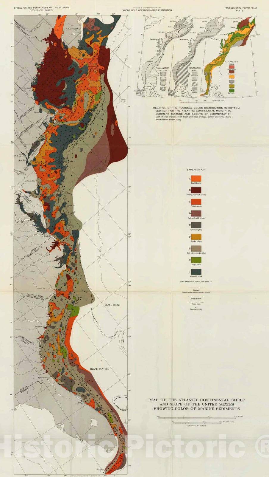 Map : Atlantic continental shelf and slope of the United States - color of marine sediments, 1969 Cartography Wall Art :