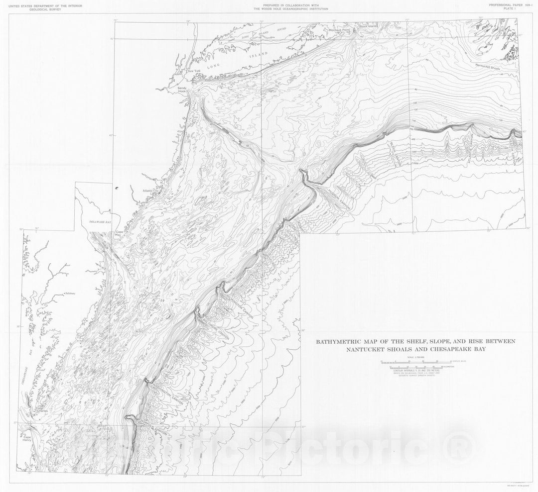 Map : Atlantic continental shelf and slope of the United States - shallow structure, 1970 Cartography Wall Art :