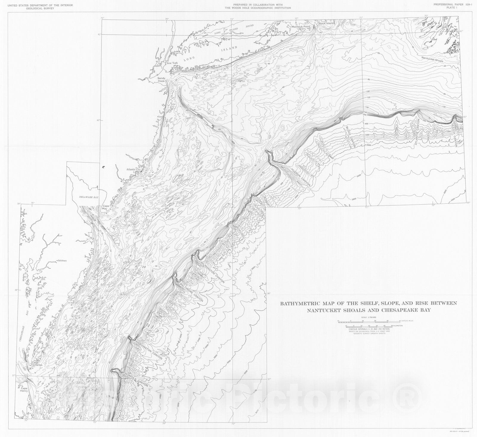 Map : Atlantic continental shelf and slope of the United States - shallow structure, 1970 Cartography Wall Art :