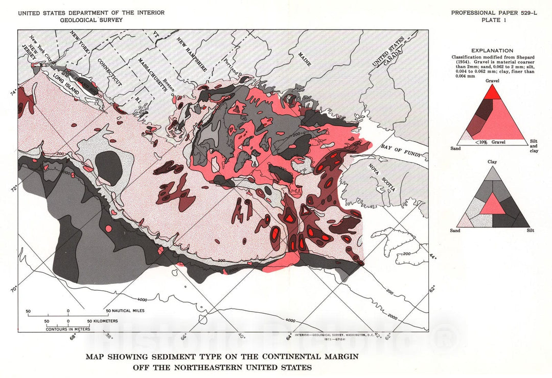 Map : Atlantic continental shelf and slope of the United States - sediment texture of the northeast part, 1973 Cartography Wall Art :