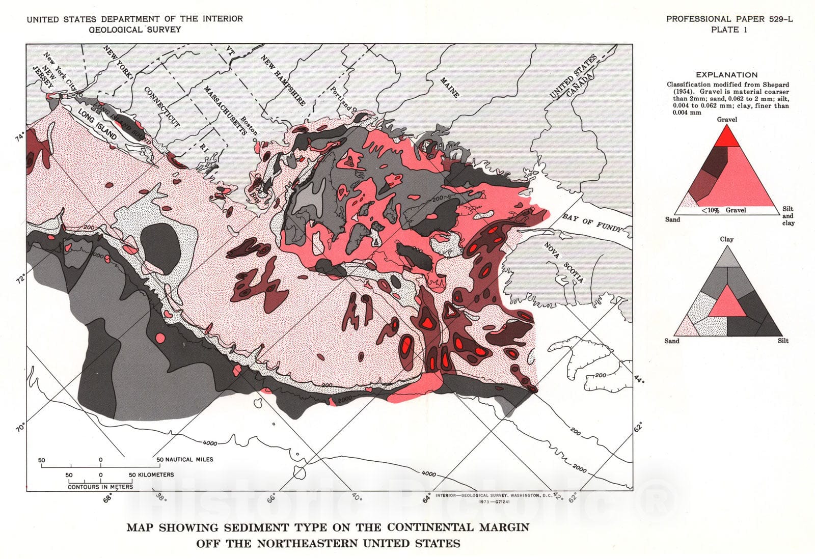 Map : Atlantic continental shelf and slope of the United States - sediment texture of the northeast part, 1973 Cartography Wall Art :