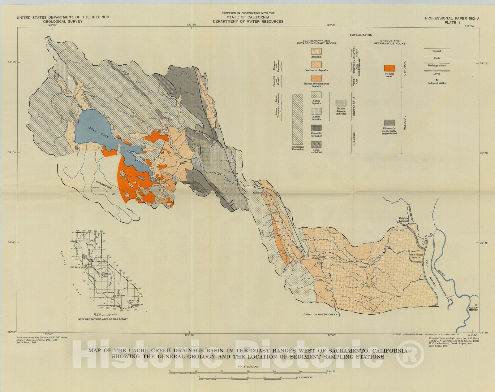 Map : Sediment transport in Cache Creek drainage basin in the Coast Ranges west of Sacramento, California, 1967 Cartography Wall Art :