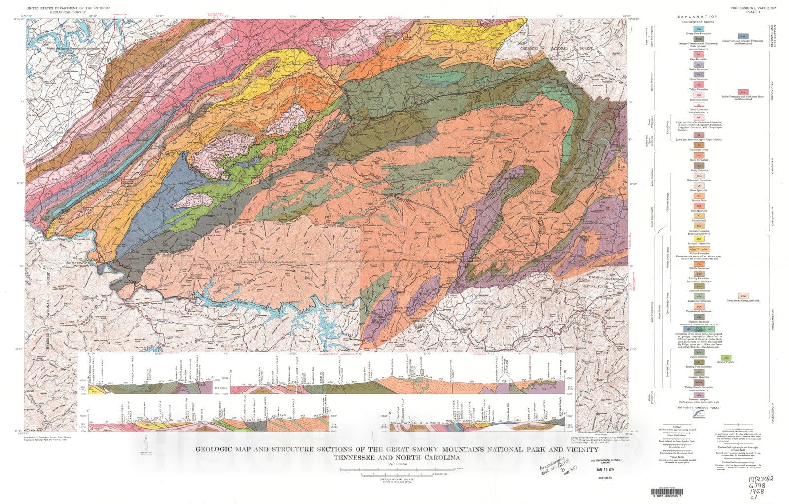 Map : Geology of the Great Smoky Mountains National Park, Tennessee and North Carolina, 1968 Cartography Wall Art :