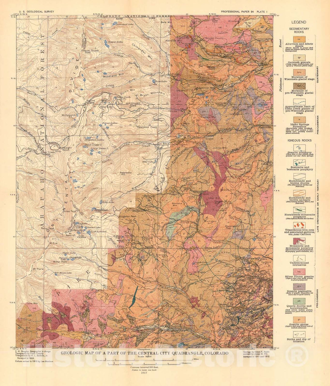 Map : Economic geology of Gilpin County and adjacent parts of Clear Creek and Boulder Counties, Colorado, 1917 Cartography Wall Art :