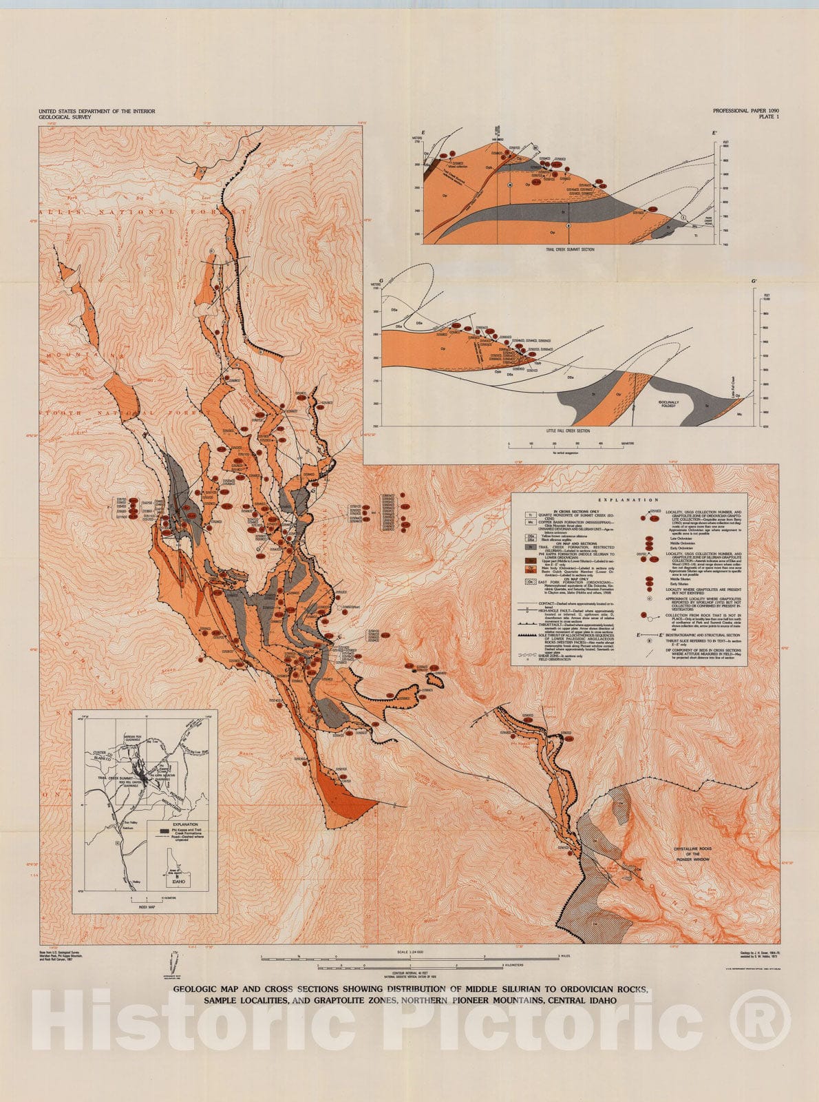 Map : Ordovician and Silurian Phi Kappa and Trail Creek Formations, Pioneer Mountains, central Idaho - stratigraphic and structural , 1980 Cartography Wall Art :