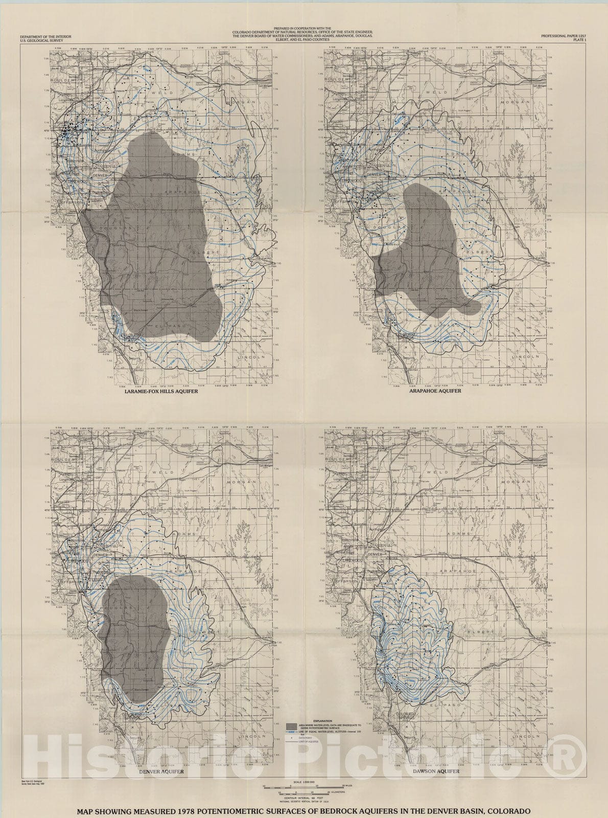 Map : Bedrock aquifers in the Denver basin, Colorado - a quantitative water-resources appraisal, 1987 Cartography Wall Art :