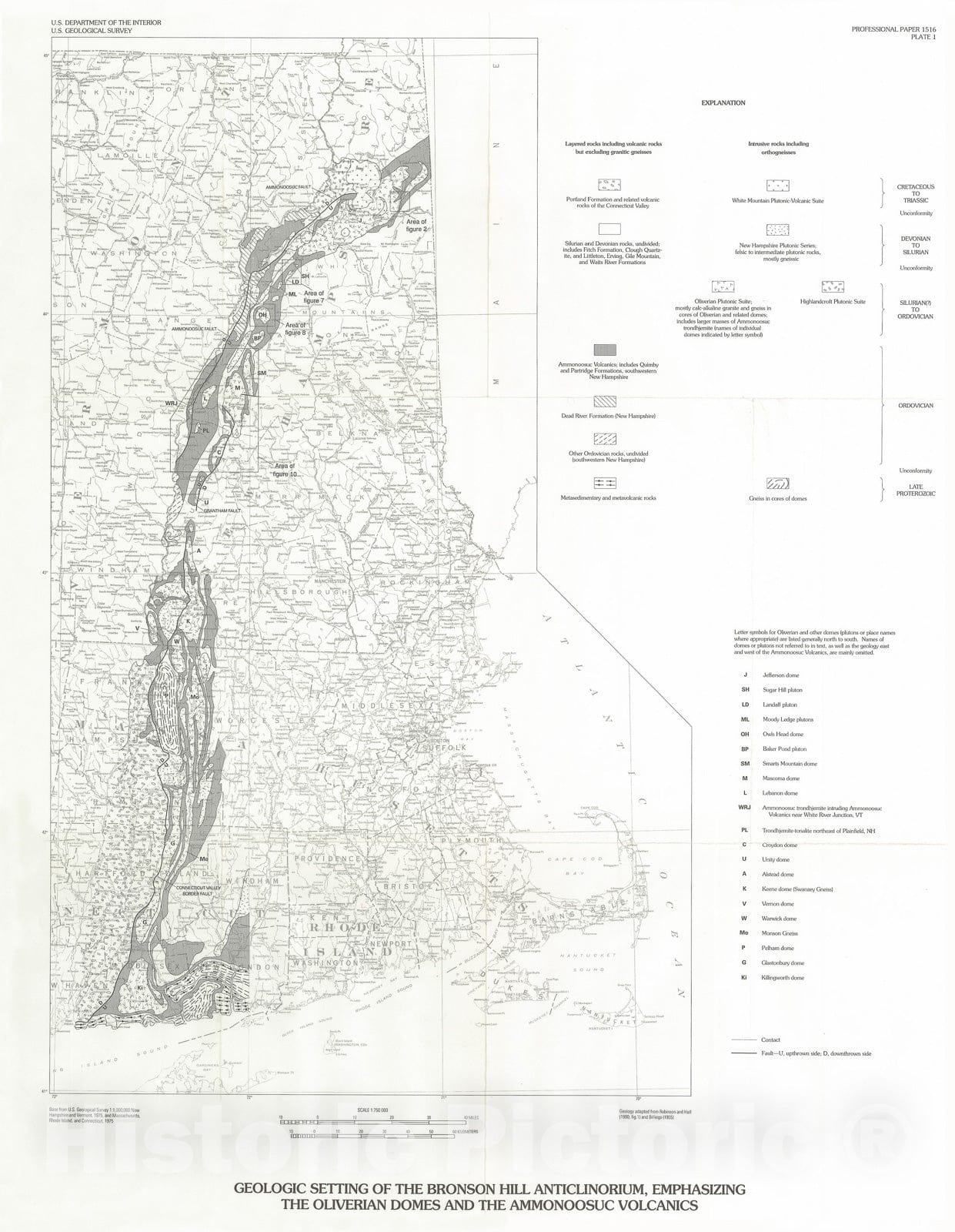 Map : Oliverian domes, related plutonic rocks, and mantling Ammonoosuc Volcanics of the Bronson Hill anticlinorium, New England Appalachians, 1991 Cartography Wall Art :