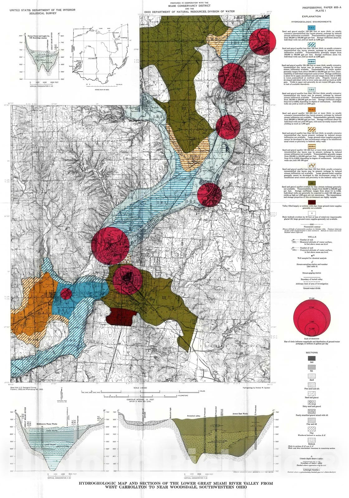 Map : Ground-water hydrology and geology of the lower Great Miami River Valley, Ohio, 1968 Cartography Wall Art :