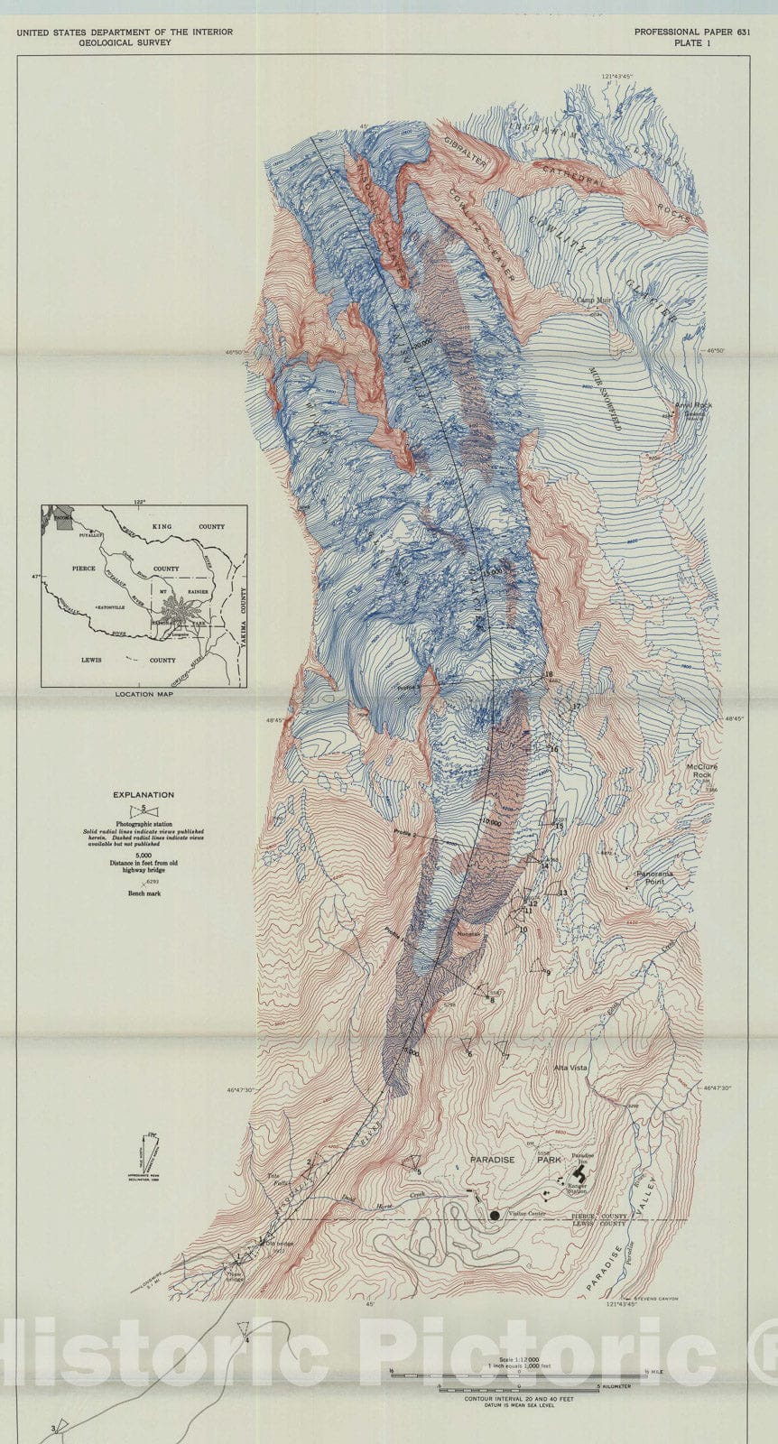 Map : Analysis of a 24-year photographic record of Nisqually Glacier, Mount Rainier National Park, Washington, 1969 Cartography Wall Art :