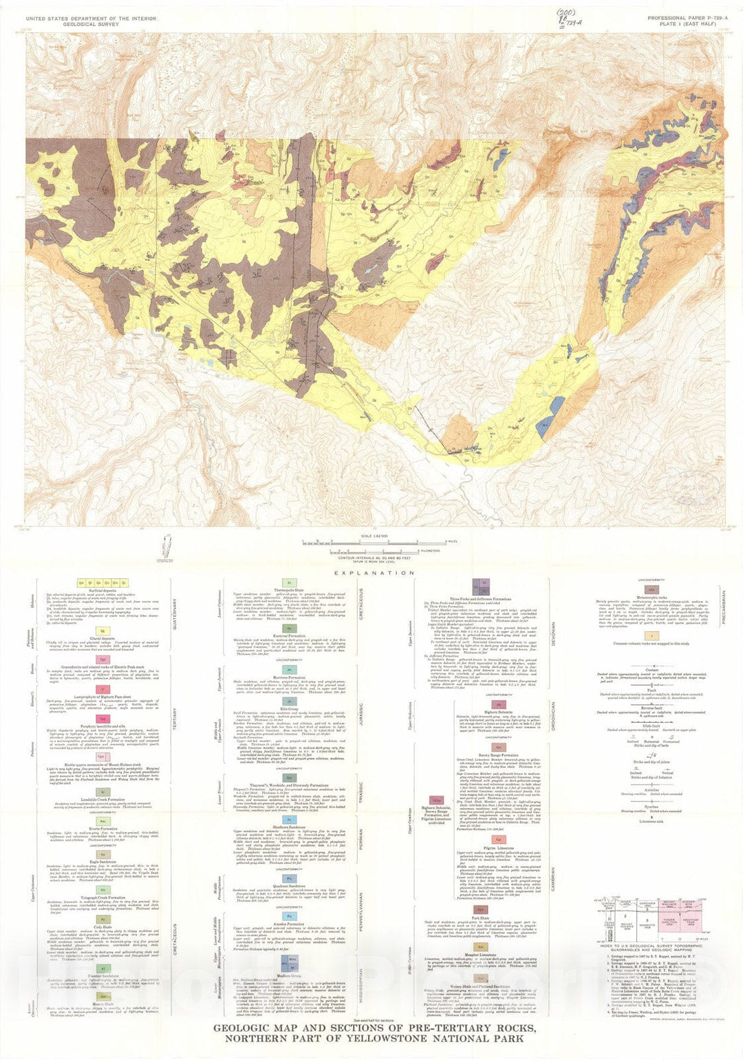 Map : Geology of pre-Tertiary rocks in the northern part of Yellowstone National Park, Wyoming, 1972 Cartography Wall Art :