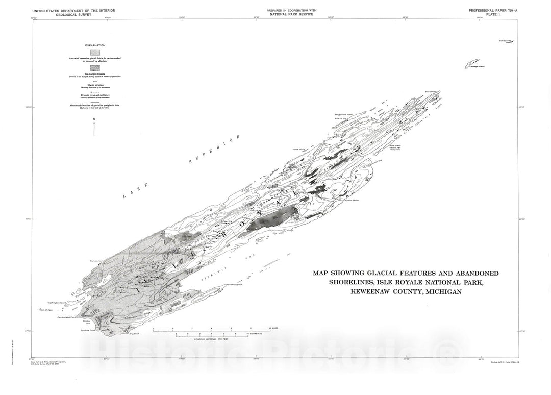 Map : Glacial and postglacial geologic history of Isle Royale National Park, Michigan, 1973 Cartography Wall Art :