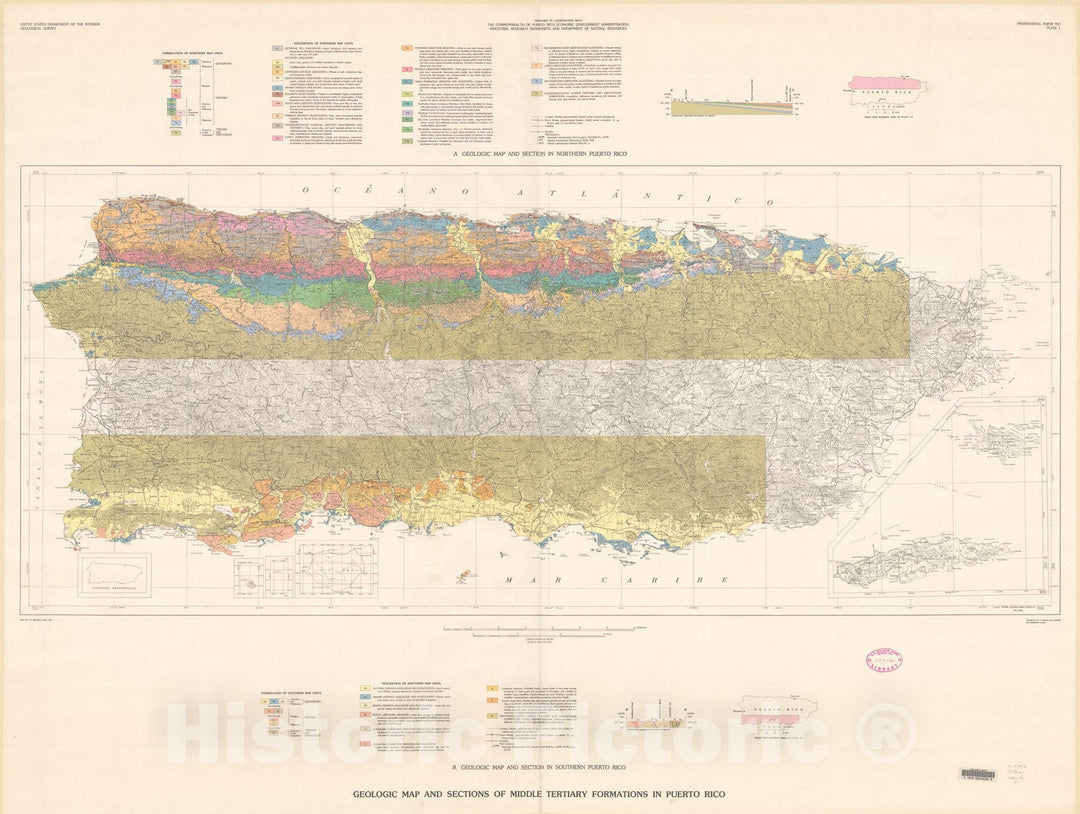 Map : Geology of the middle Tertiary formations of Puerto Rico, 1980 Cartography Wall Art :