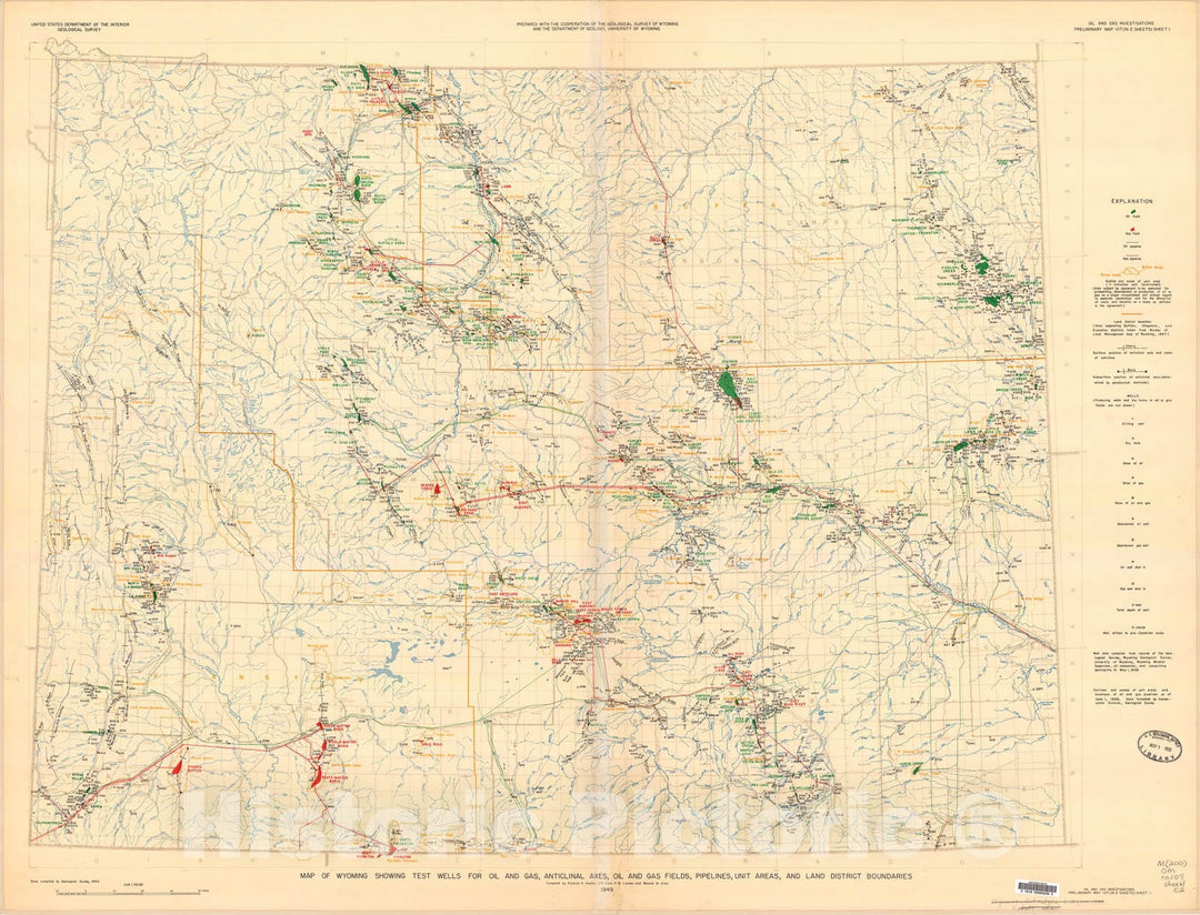 Map : Map of Wyoming showing test wells for oil and gas, anticlinal axes, oil and gas fields, pipelines, unit areas, and land district boundaries, 1949 Cartography Wall Art :