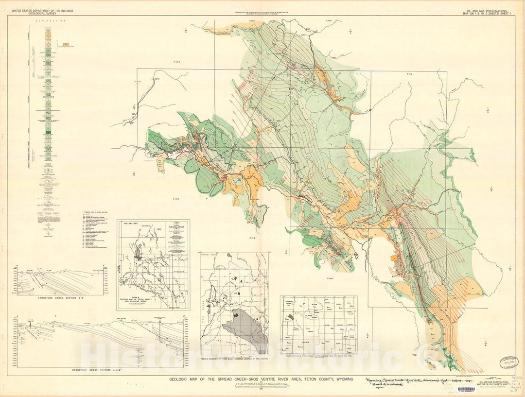 Map : Geologic map of the Spread Creek-Gros Ventre River area, Teton County, Wyoming, 1951 Cartography Wall Art :