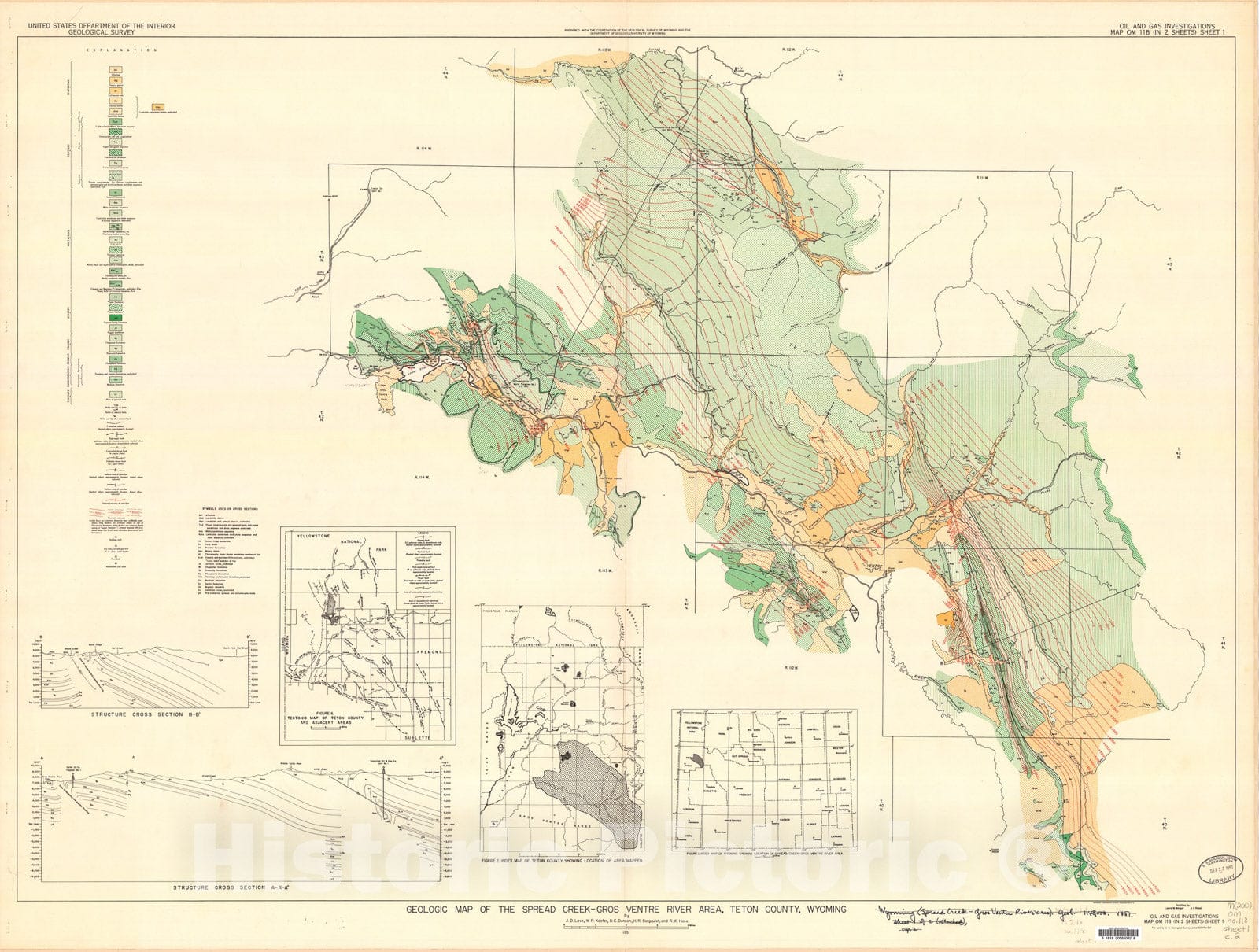 Map : Geologic map of the Spread Creek-Gros Ventre River area, Teton County, Wyoming, 1951 Cartography Wall Art :