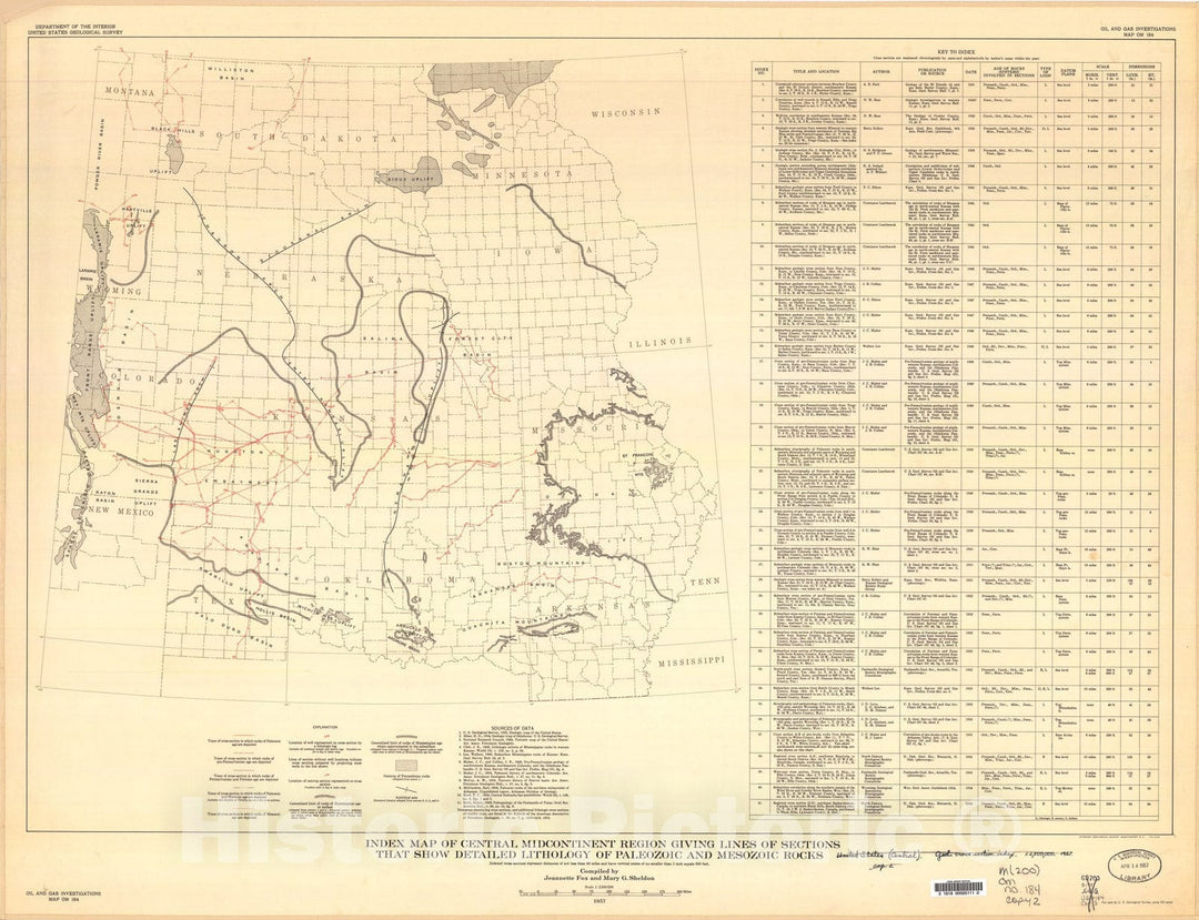 Map : Index map of central midcontinent region giving lines of sections that show detailed lithology of Paleozoic and Mesozoic rocks, 1957 Cartography Wall Art :