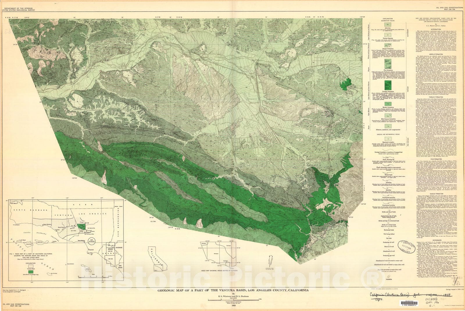 Map : Geologic map of a part of the Ventura basin, Los Angeles County, California, 1958 Cartography Wall Art :