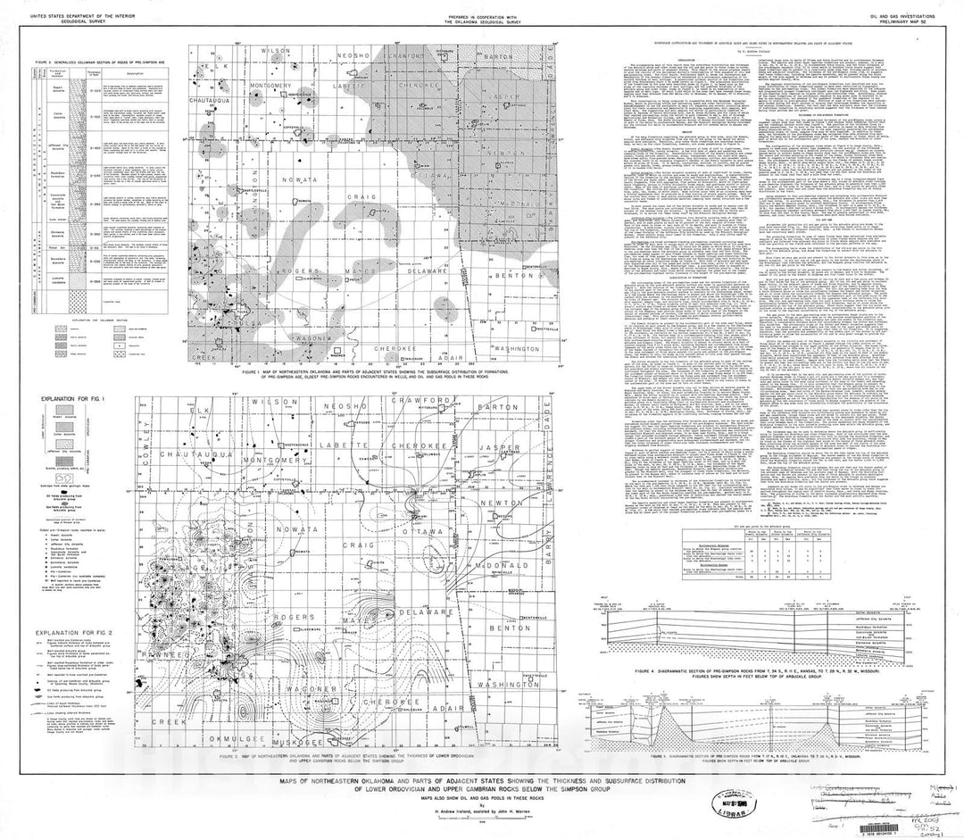 Map : Maps of northeastern Oklahoma and parts of adjacent states showing the thickness and subsurface distribution of Lower Ordovician , 1946 Cartography Wall Art :