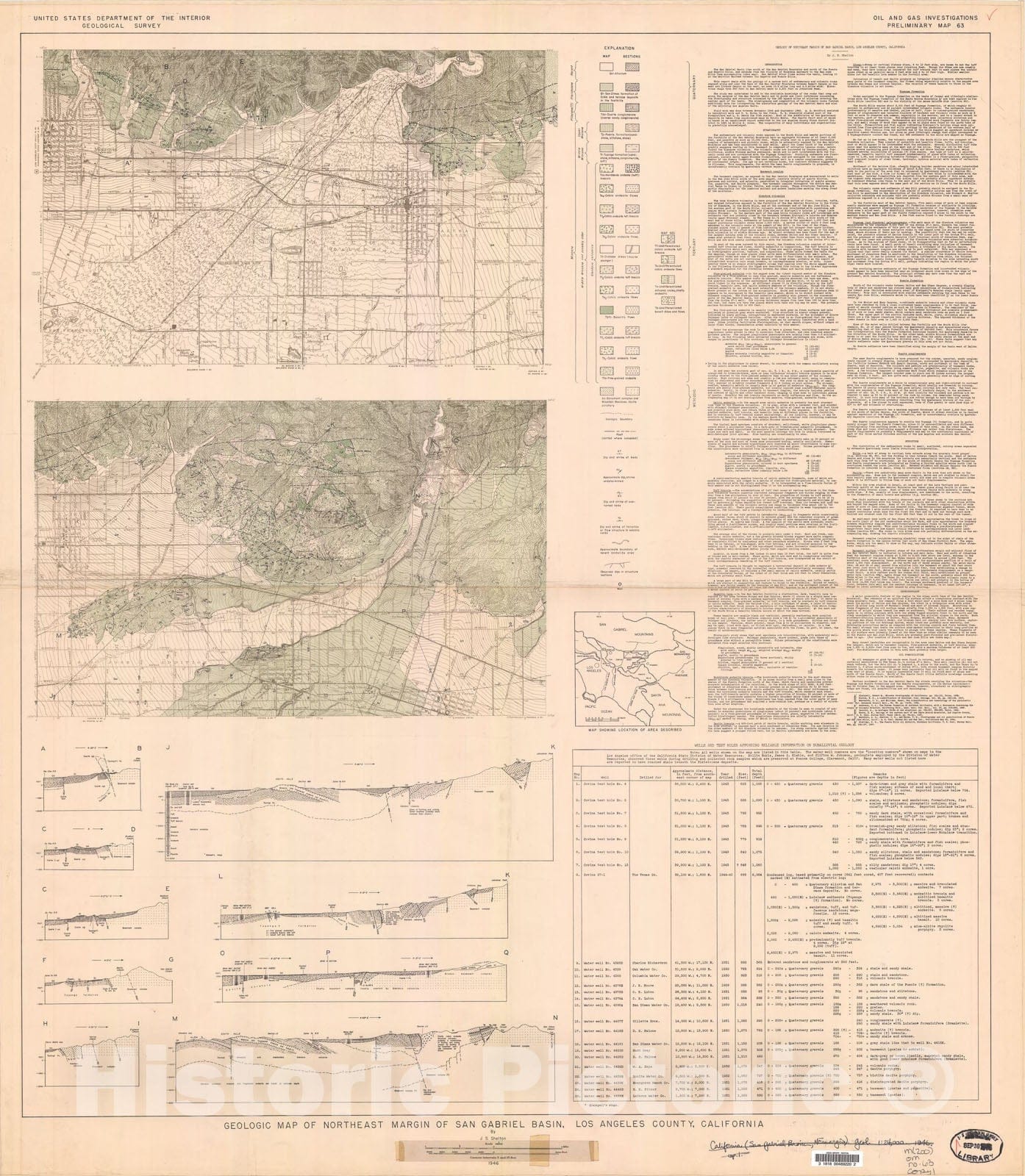 Map : Geology of northeast margin of San Gabriel basin, Los Angeles County, California, 1946 Cartography Wall Art :