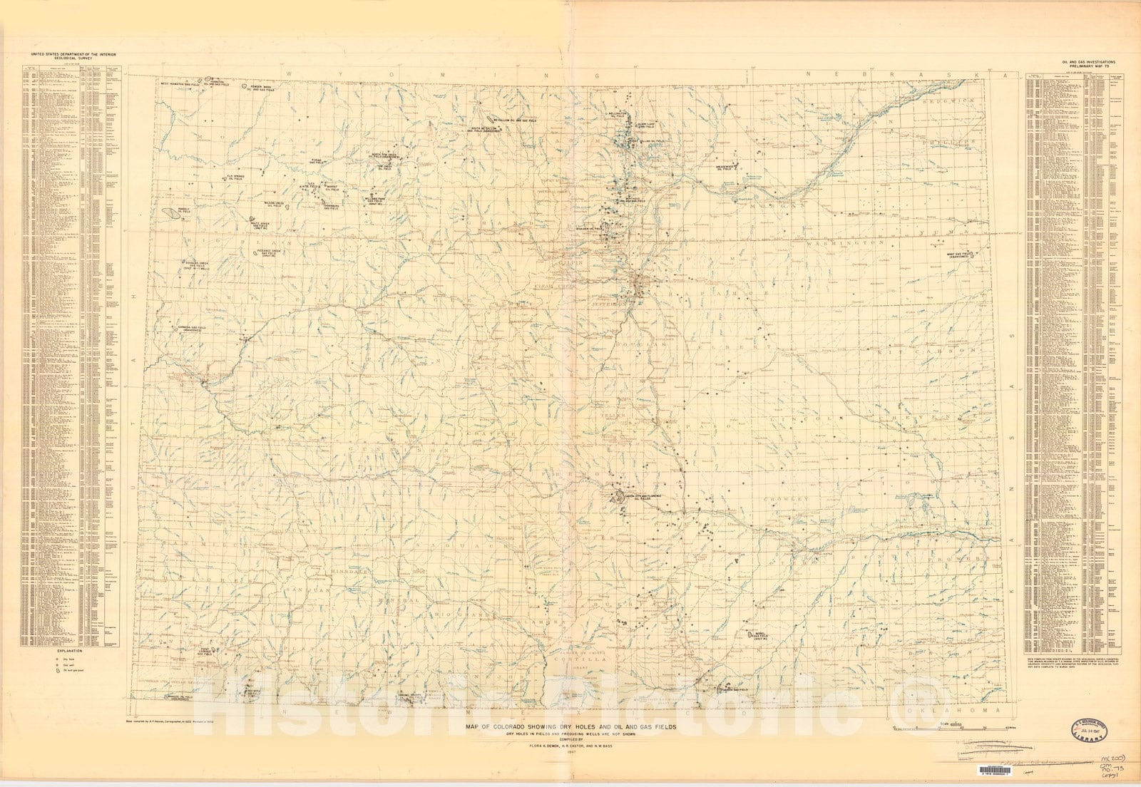 Map : Map of Colorado showing dry holes and oil and gas fields, 1947 Cartography Wall Art :