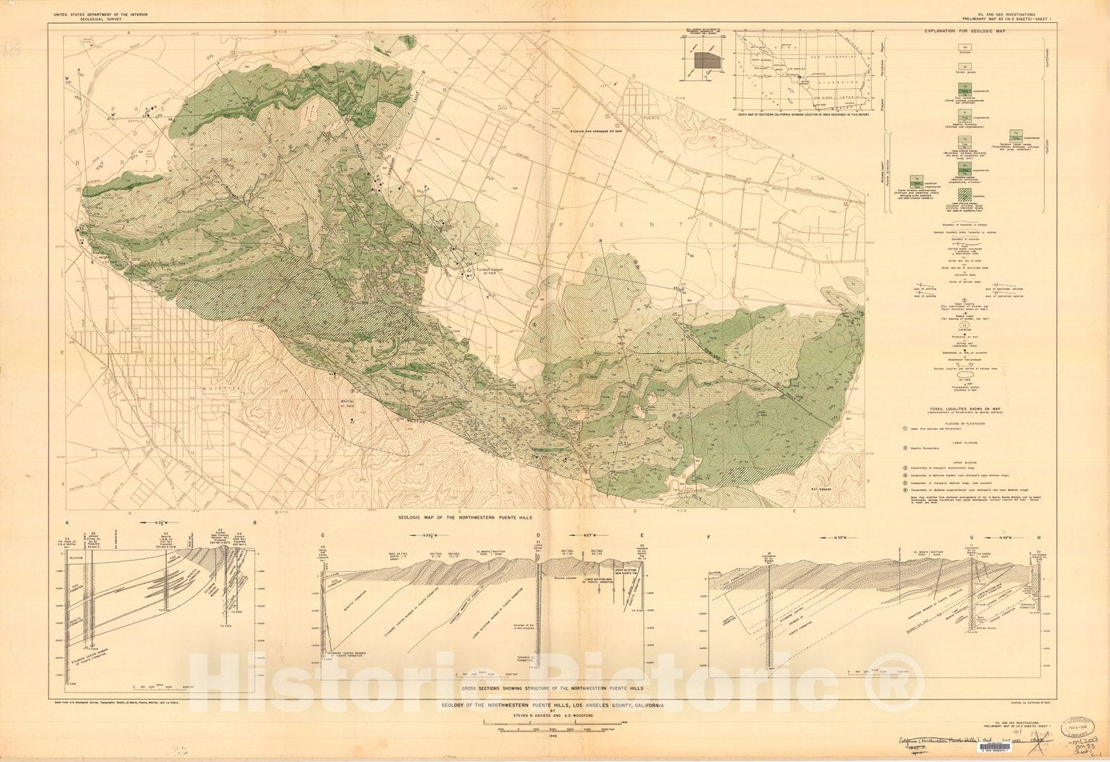 Map : Geology of the northwestern Puente Hills, Los Angeles County, California, 1949 Cartography Wall Art :