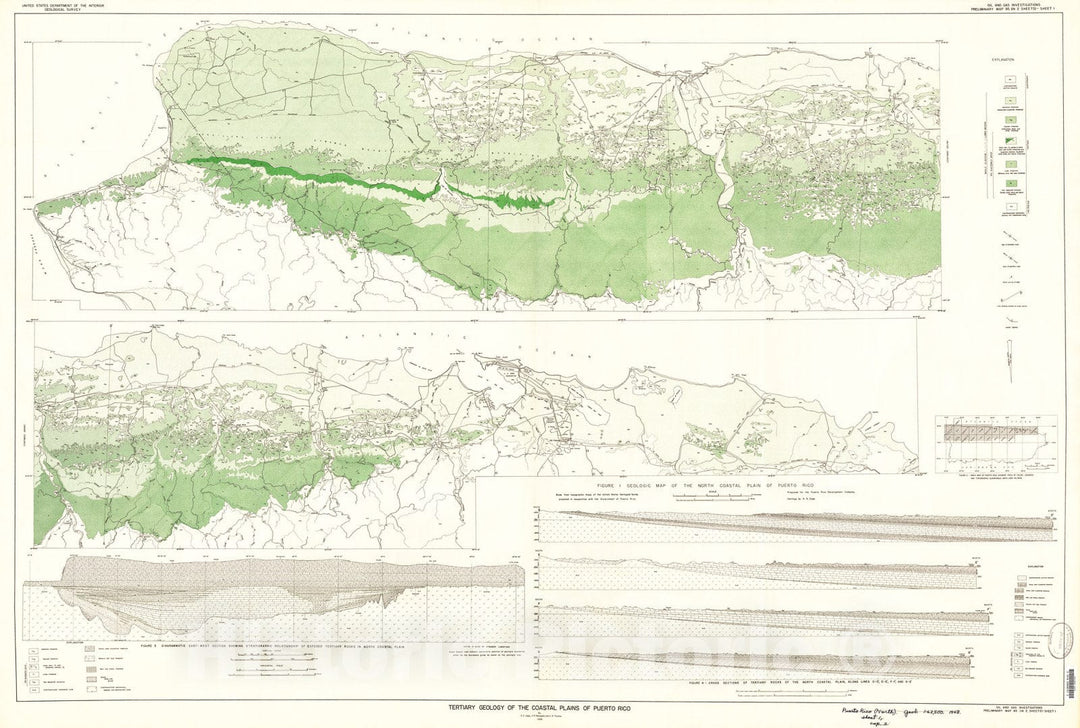 Map : Tertiary geology of the coastal plains of Puerto Rico, 1948 Cartography Wall Art :