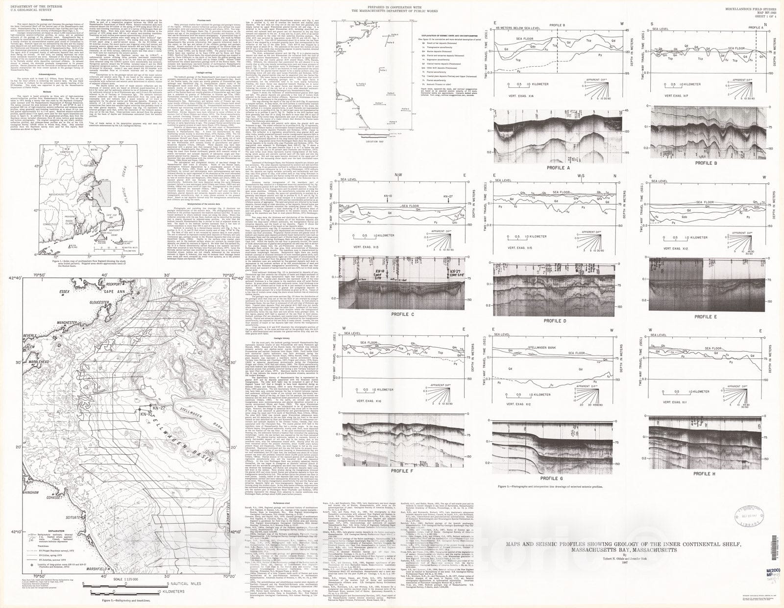 Map : Maps and seismic profiles showing geology of the inner continental shelf, Massachusetts Bay, Massachusetts, 1987 Cartography Wall Art :