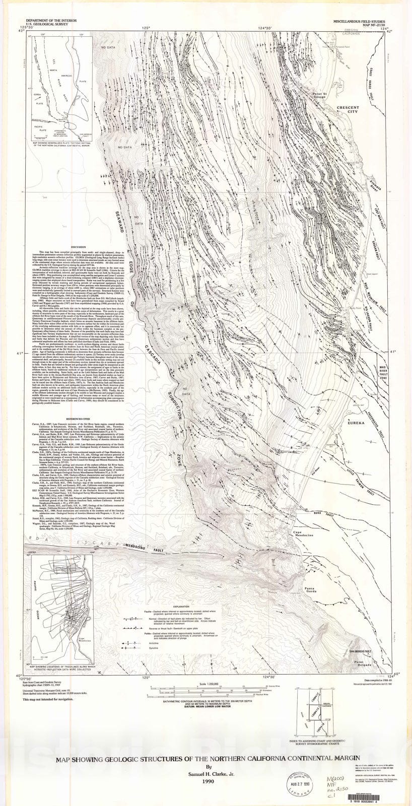 Map : Map showing geologic structures of the northern California continental margin, 1990 Cartography Wall Art :