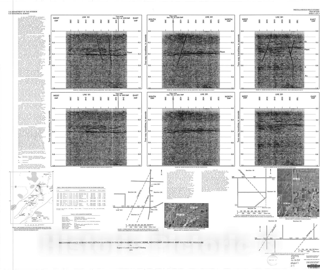 Map : Reconnaissance seismic reflection surveys in the New Madrid seismic zone, northeast Arkansas and southeast Missouri, 1991 Cartography Wall Art :