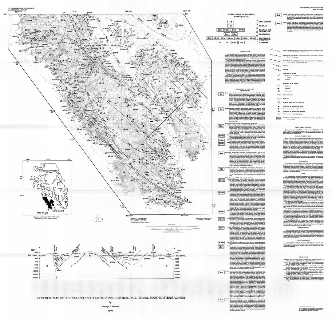 Map : Geologic map of Long Island and southern and central Dall Island, southeastern Alaska, 1991 Cartography Wall Art :