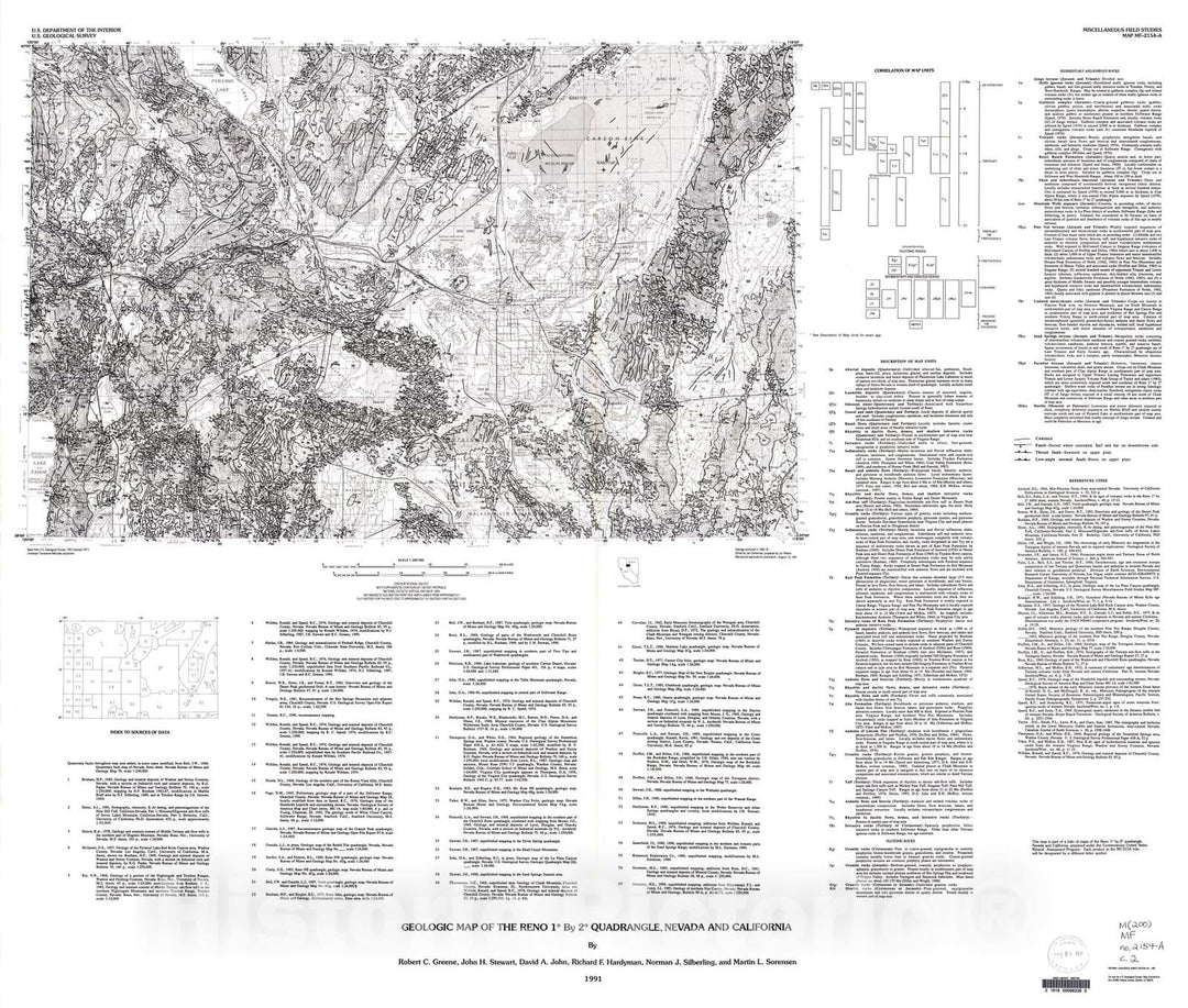 Map : Geologic map of the Reno one degree by two degrees quadrangle, Nevada and California, one99one Cartography Wall Art :