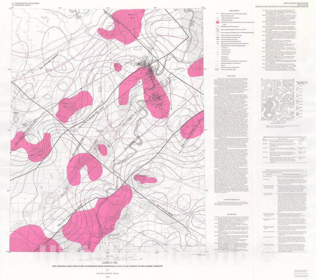 Map : Map showing large structures interpreted from geophysical data in the vicinity of New Madrid, Missouri, 1994 Cartography Wall Art :