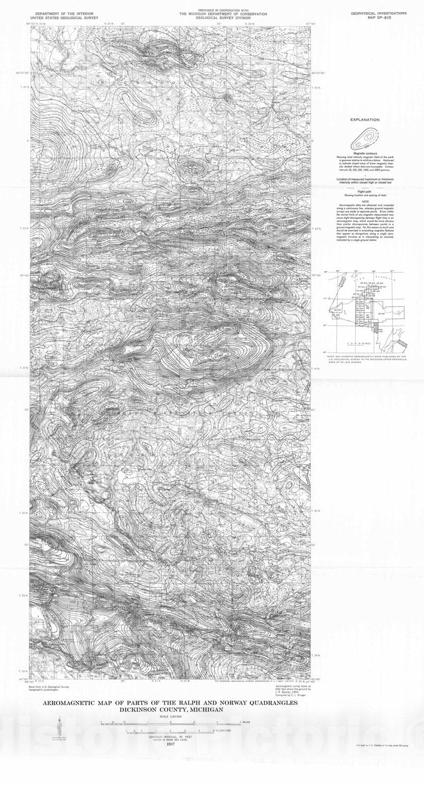 Map : Aeromagnetic map of parts of the Ralph and Norway quadrangles, Dickinson County, Michigan, 1967 Cartography Wall Art :