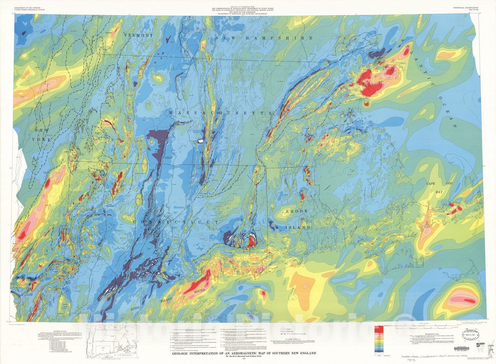 Map : Geologic interpretation of an aeromagnetic map of southern New England, 1976 Cartography Wall Art :