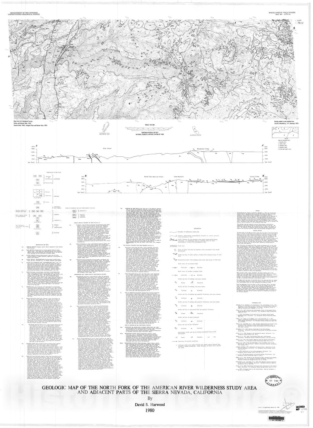 Map : Geologic map of the North Fork of the American River Wilderness Study Area and adjacent parts of the Sierra Nevada, California, 1980 Cartography Wall Art :