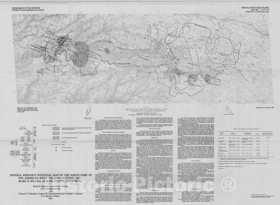 Map : Mineral resource potential map of the North Fork of the American River Wilderness Study Area (RARE II No. 5-262), Placer County, California, 1982 Cartography Wall Art :