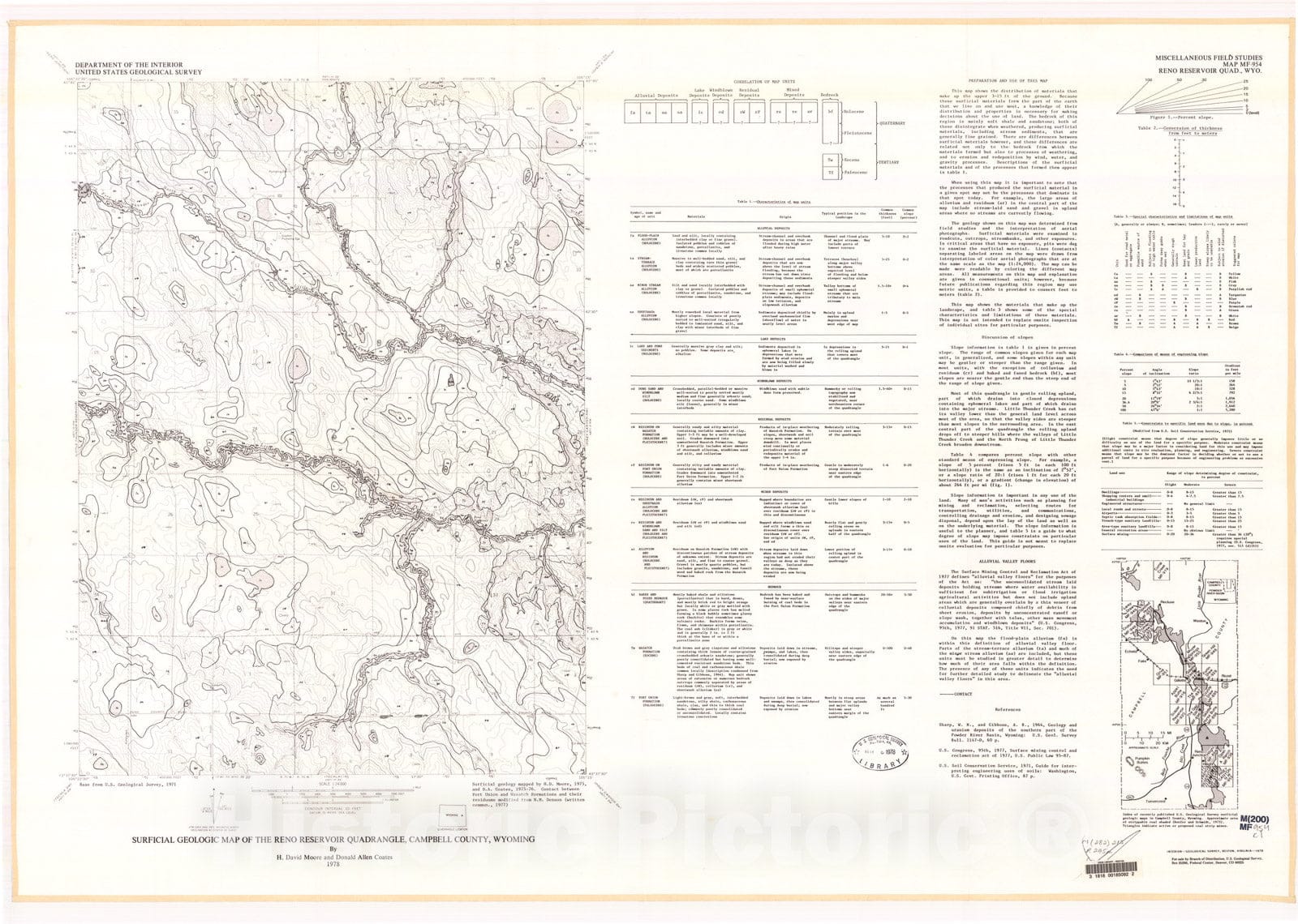 Map : Surficial geologic map of the Reno Reservoir quadrangle, Campbell County, Wyoming, 1978 Cartography Wall Art :