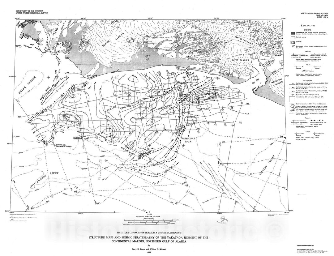 Map : Structure maps and seismic stratigraphy of the Yakataga segment of the continental margin, northern Gulf of Alaska, 1983 Cartography Wall Art :