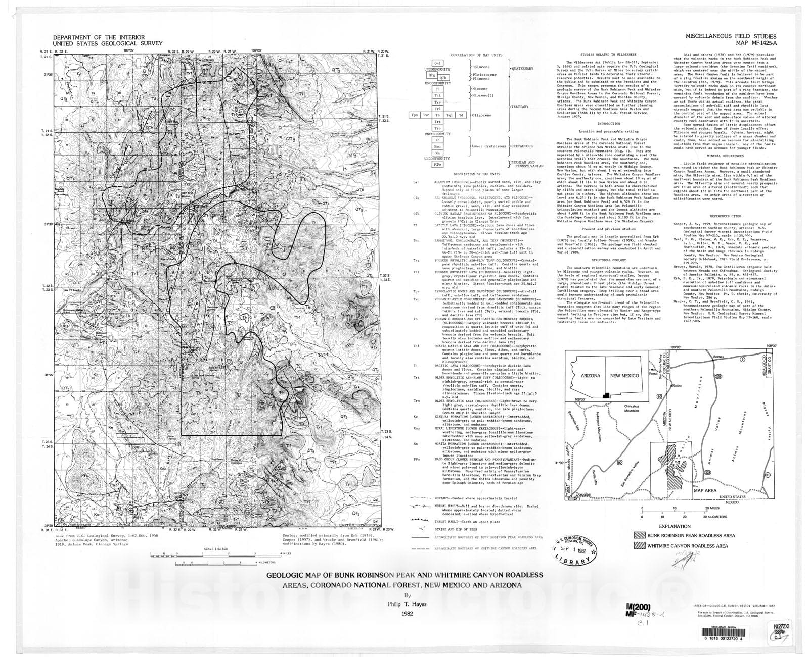 Map : Geologic map of the Bunk Robinson Peak and Whitmire Canyon Roadless Areas, Coronado National Forest, New Mexico and Arizona, 1982 Cartography Wall Art :