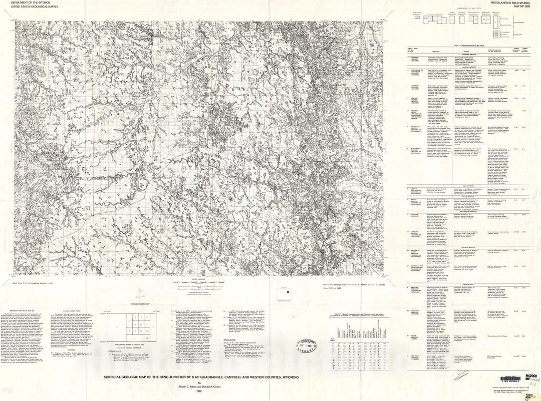 Map : Surficial geologic map of the Reno Junction thirty minutes x sixty minutes quadrangle, Campbell and Weston Counties, Wyoming, 1982 Cartography Wall Art :